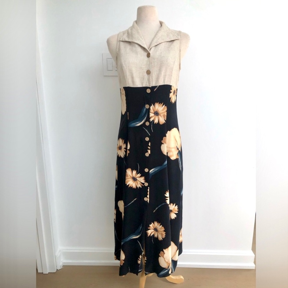 Vintage Cream & Black Floral Midi Dress - Picture 2 of 7